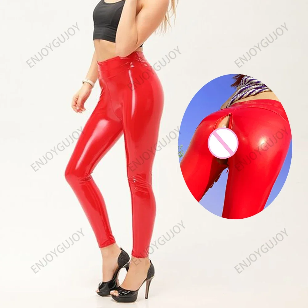 Reflecterende broek leren damesbroek, elastische legging onzichtbaar open kruis buitenseks exotische vrouwen geheime kleding, glanzend