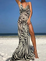 Casual Zebra-nadruk w paski bez pleców bez pleców luźna sukienka Maxi damska z rozcięciem na wysokości uda bez rękawów długa sukienka plażowa elegancka impreza