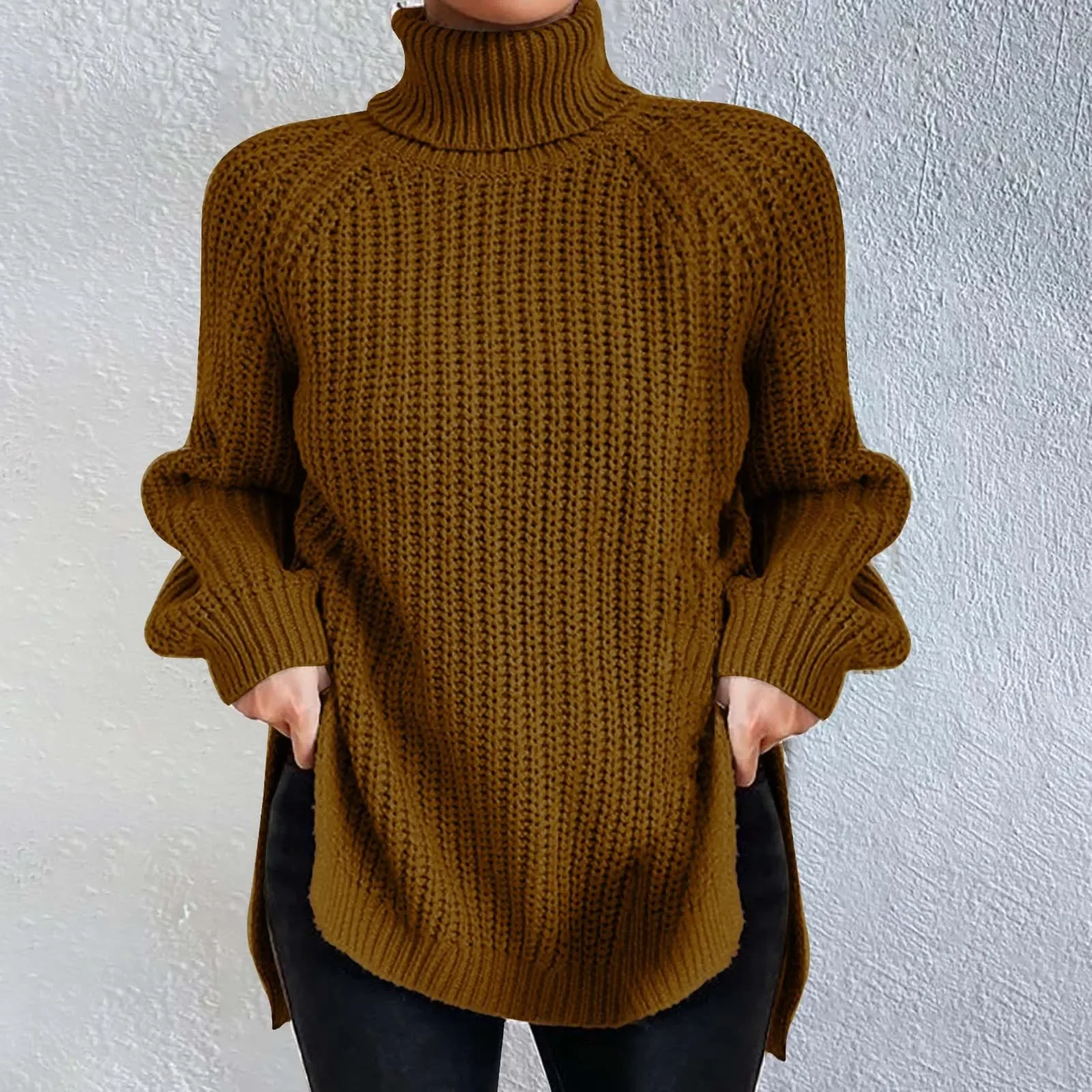 

Sweater Women's Knitwear Autumn/Winter New Product Wish Knit Medium Long Sleeve High Flip Collar Split Sweater Dress for Tops