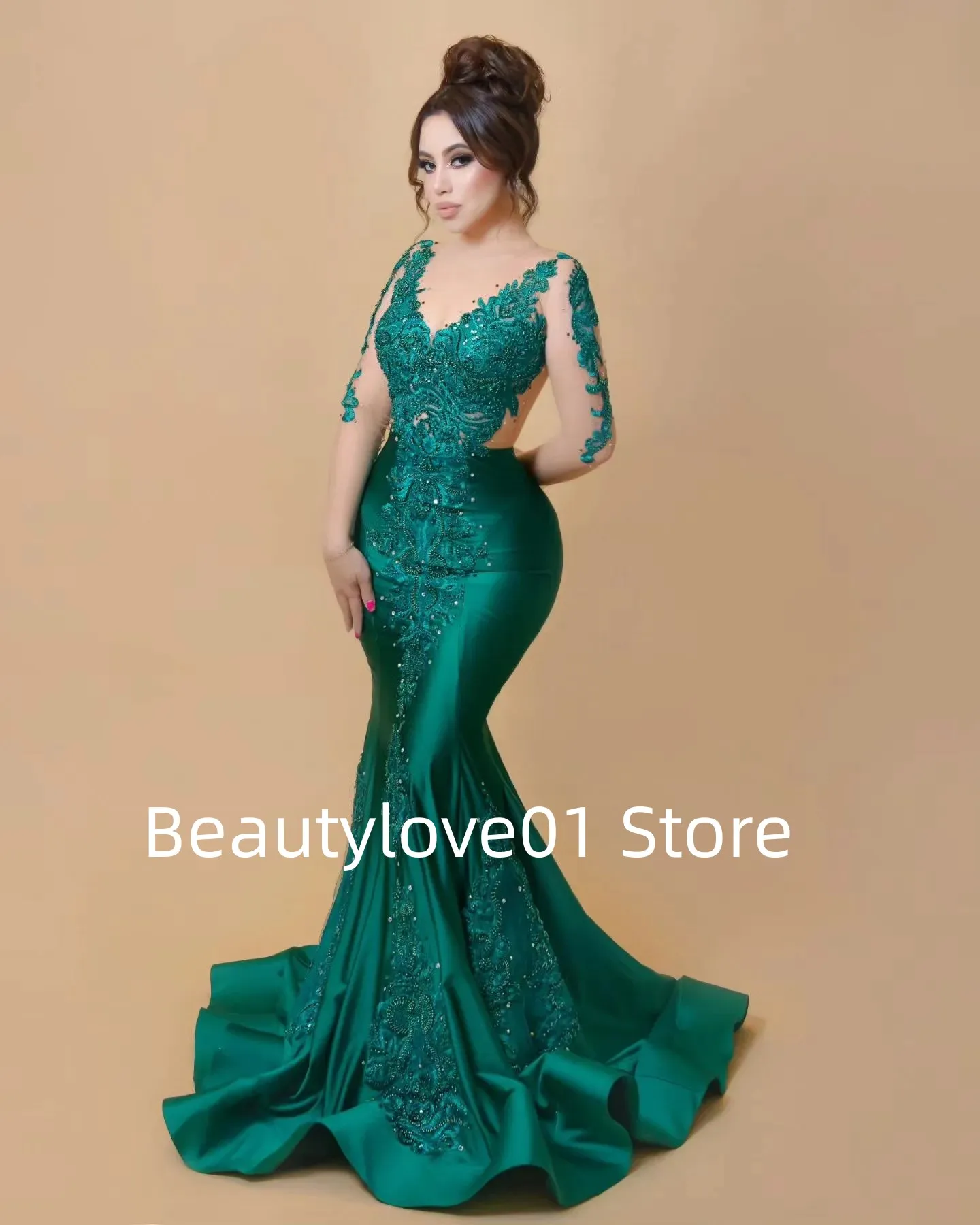 2024 Green Deep V Evening Dress Ball Dress Green Sticker Collar Sequin Long sleeved Mermaid Style Ball Dress Formal OccasionRobe