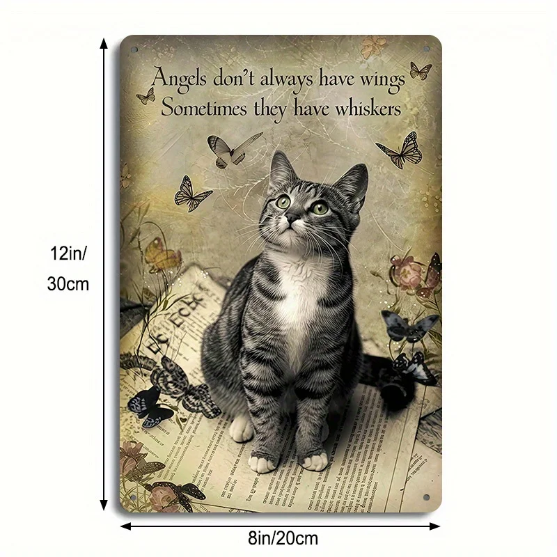 لافتات فنية مسطحة ثنائية الأبعاد للقطط الرجعية - "الملائكة لا تتطلب أجنحة، في بعض الأحيان لها شعيرات" - قطة مضحكة، فراشة