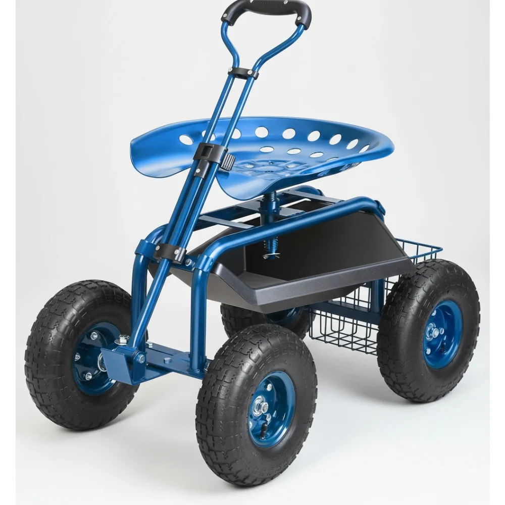 

360° Swivel Rolling Garden Seat with Wheels, Adjustable Handle & Tool Tray, Comfortable Gardening Stool for Outdoor Planting