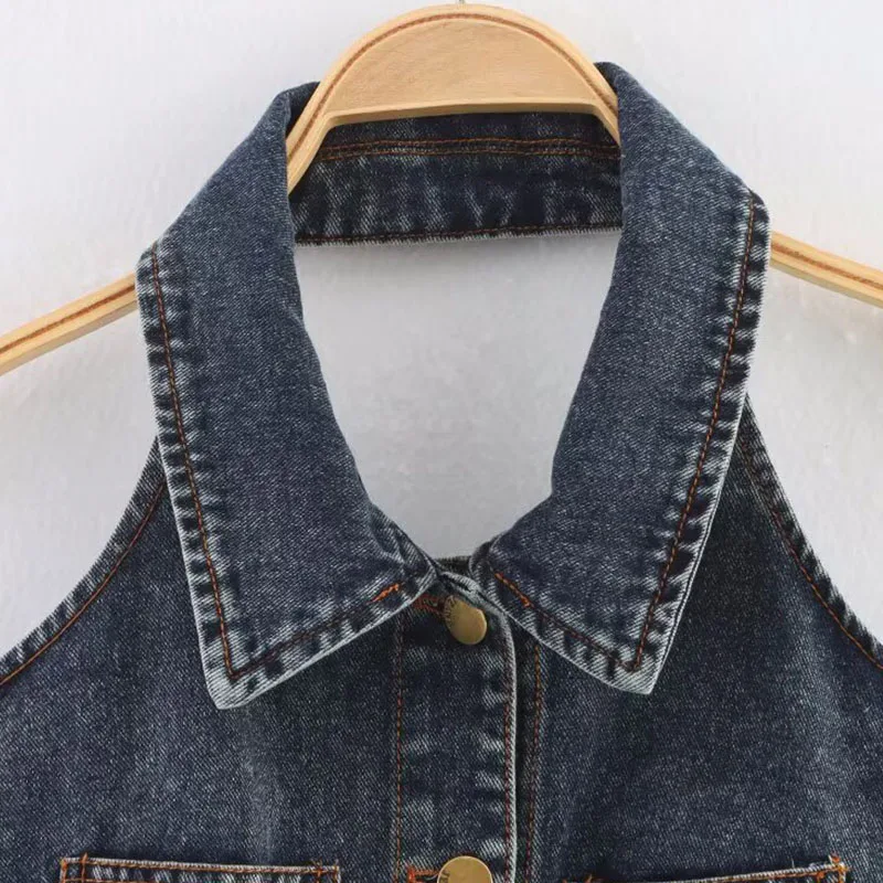 

Ele ex ort Jeans Vest Hanging Ne Svel Turn-down Collar Summer New Sle 2025 Polyester Fiber Women's Jaet