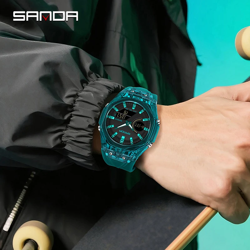 SANDA 6283 ساعات كوارتز إلكترونية عصرية للرجل عرض مزدوج للطلاب ساعة منبه مضيئة مقاومة للصدمات ساعة رقمية رياضية #4