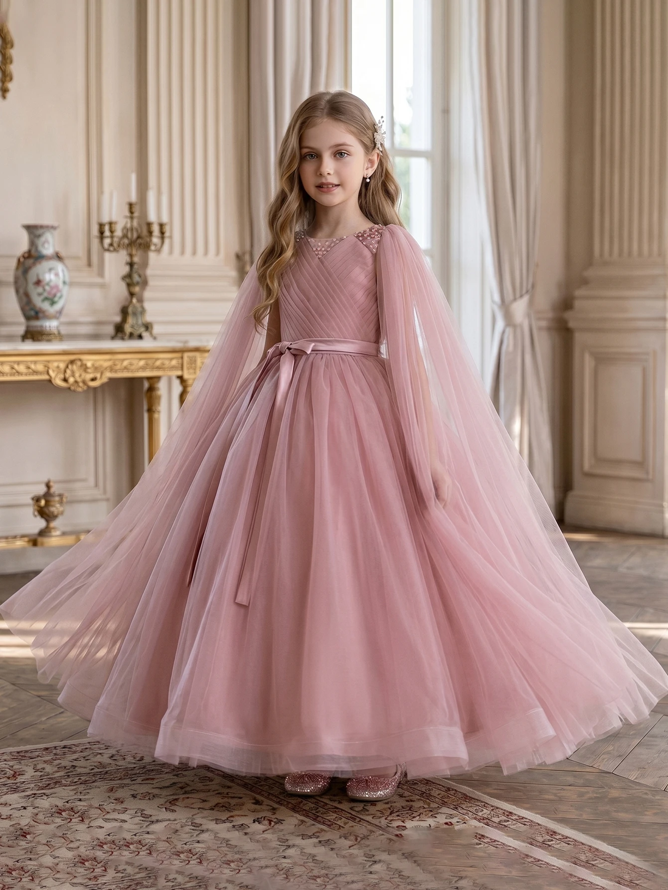 tween formal dresses Prom Dress for 10 Year Old, Elegant Long Pink Gauze Dress for Girl, Suitable Flower Girl Birthday Party Bridesmaid Dress Color:DENIM PRINT Birthday dresses Unique Champagne Tulle Long shoulder gown