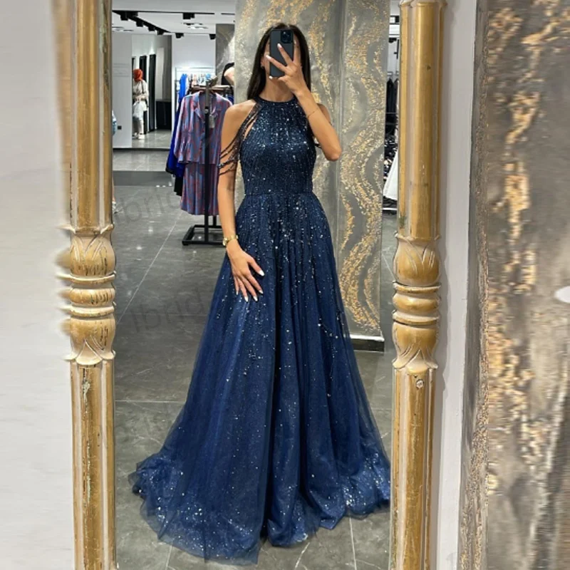 Maßgeschneiderte funkelnde Saudi-Arabien Abendkleider Halt Perlen Partykleid A-Linie Dubai Abendkleid Vestidos de Fiesta