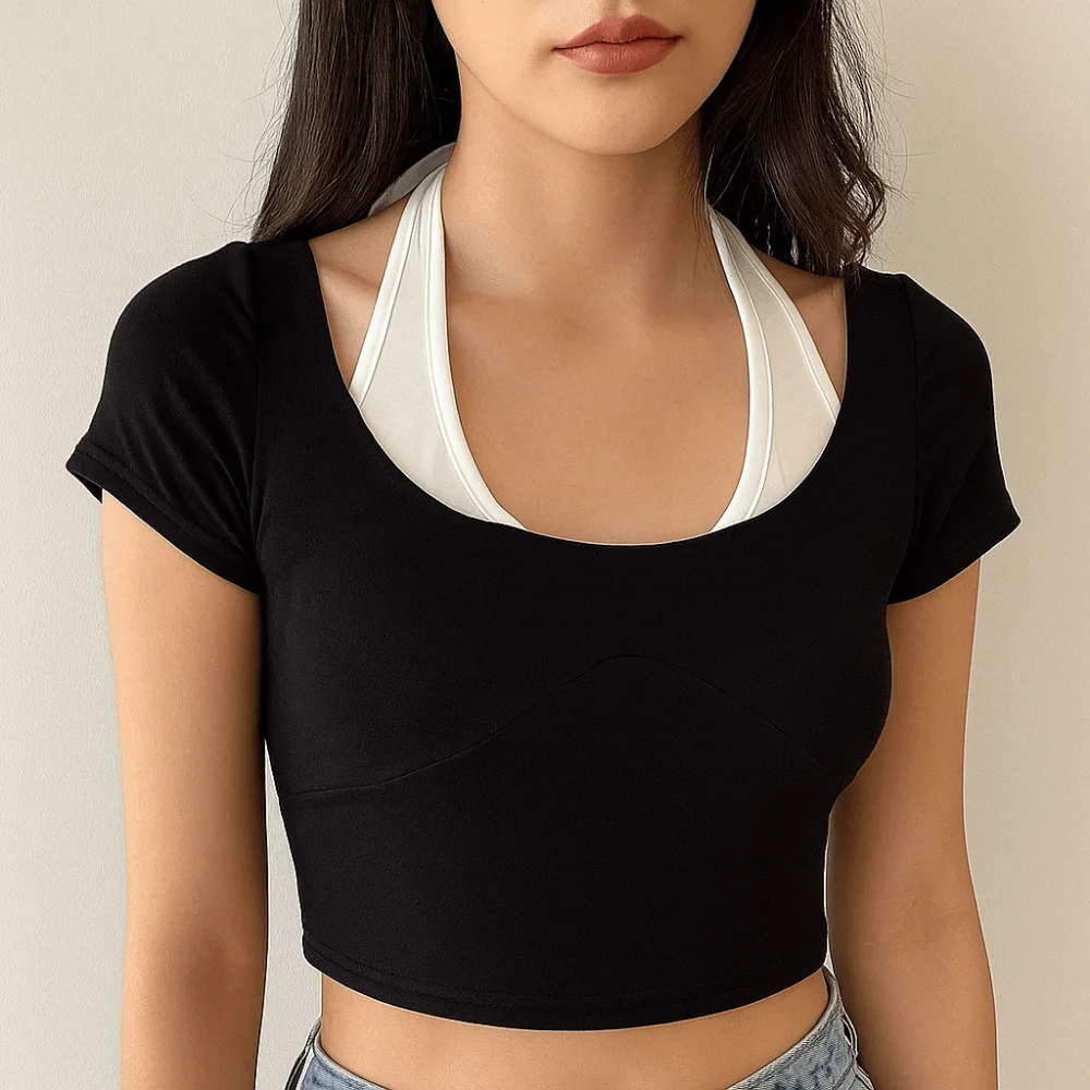 

Cute Y2K Fake Two Pieces Top Spicy Girl Style Bottoming Shirt Slim Halter Crop Top Women Chic Short Sleeve T-shirts Girls