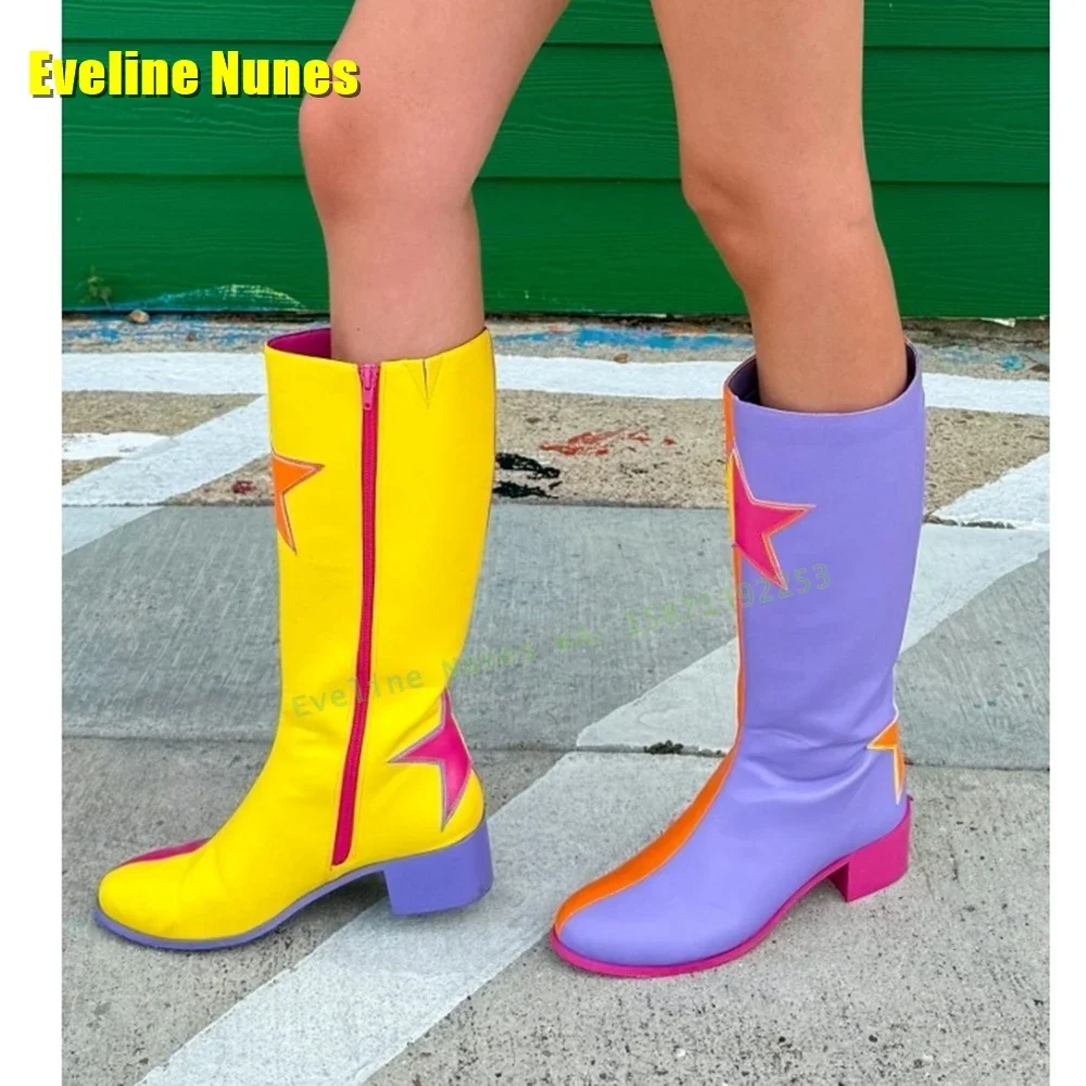 Star Print Mixed Colors Fashion Boots Round Toe Square Heels Side Zip Patchwork Knee High Boots Spicy Girl Y2K Subculture Style
