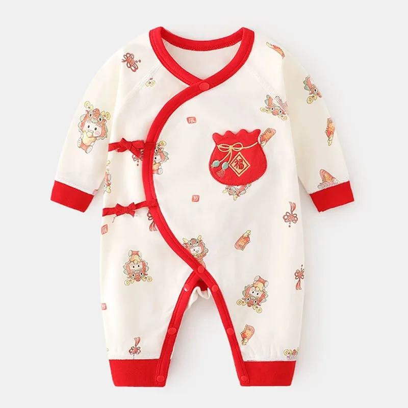 Spring Autumn Baby Newborn Items Chinese Style New Year Cartoon Cute Cotton Long Sleeve Boys Romper Infant Girls Clothes B379