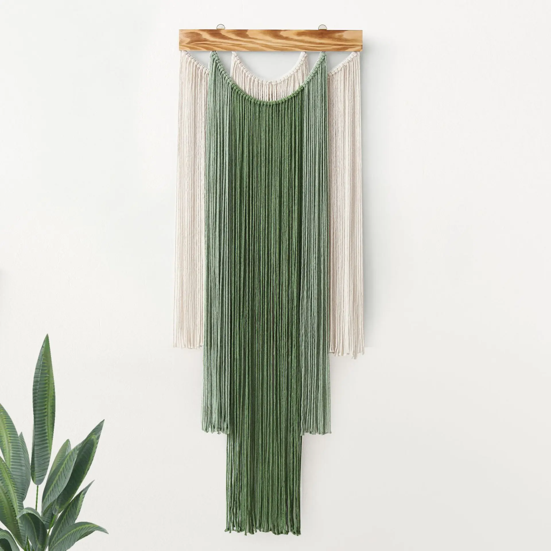 Two Tone Green Macrame Wall Hanging, Wooden Bar Fringe Tapestry, Boho Tassel Wall Decor for Bedroom Living Room