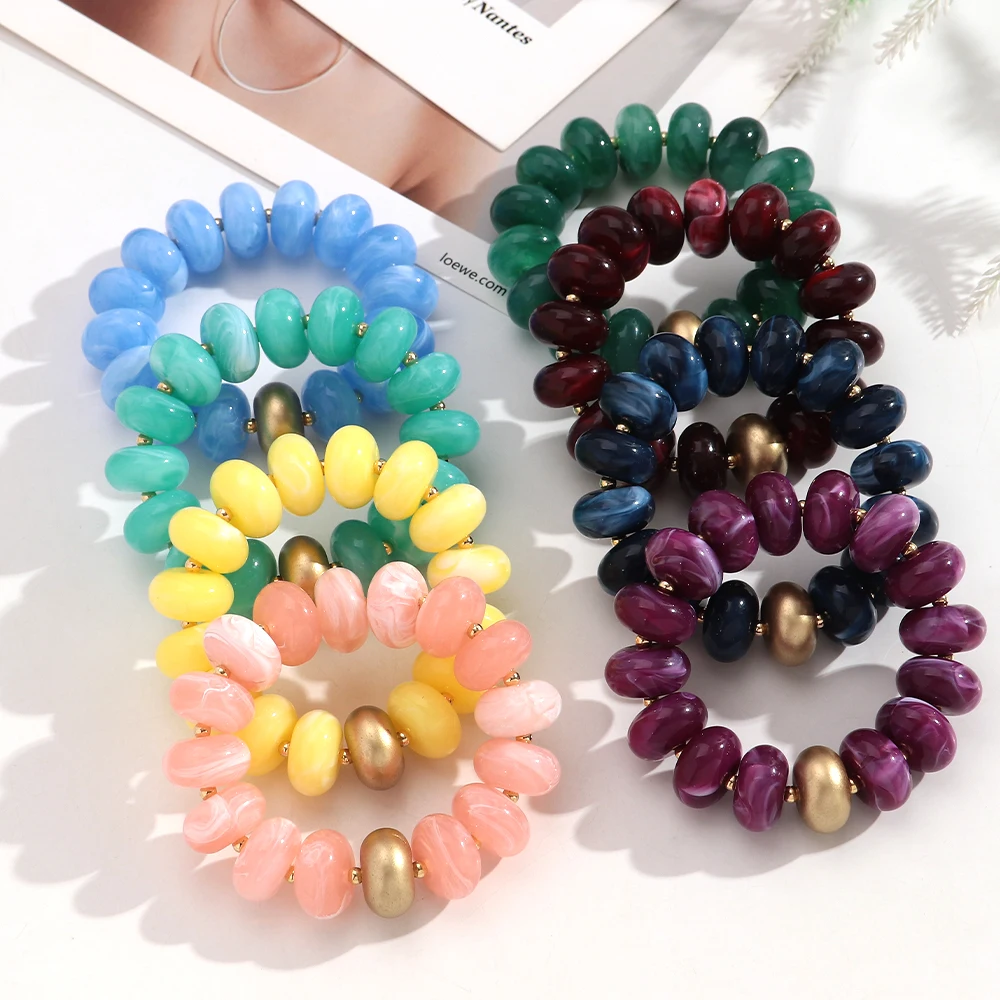 Boho Buntes Abakus-Armband mit Elastischen Perlen für Damen, Modisches Stapelbares Harz-Acryl Flachkreis-Armband mit Goldenem Abstandhalter, Schmuckgeschenk – Detail 6