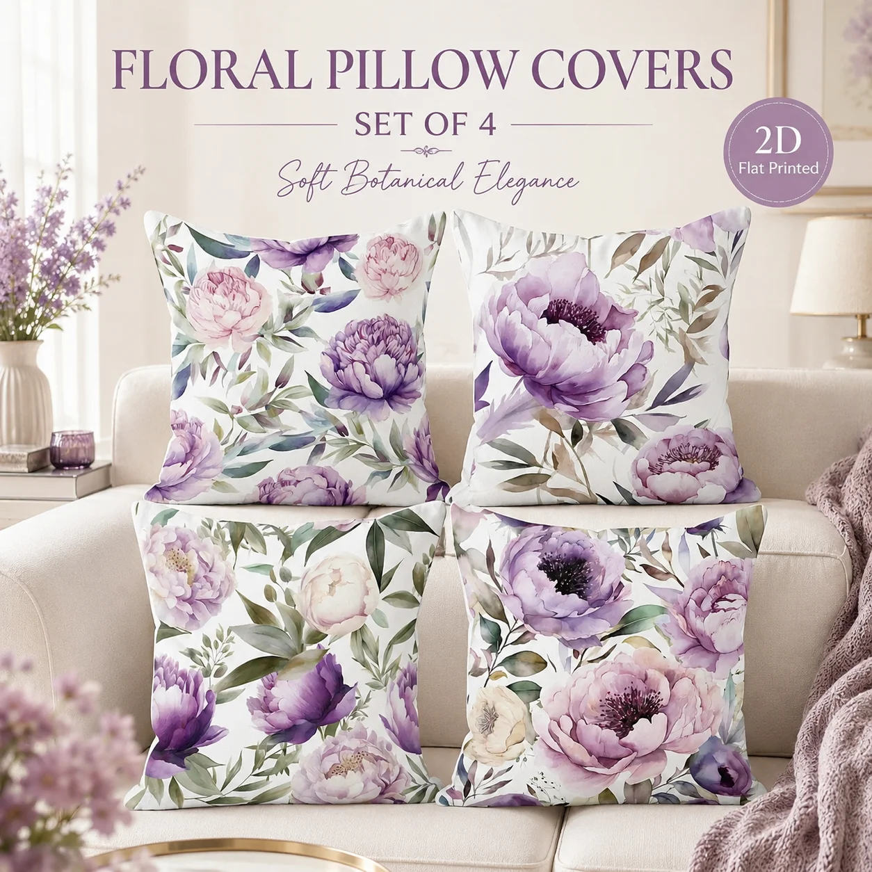 

Floral Cushion Covers 4 Pcs Set Peach Skin 2D Flat Printed Peony Pillowcase Coussin For Sofa Bedroom Home Room Decor