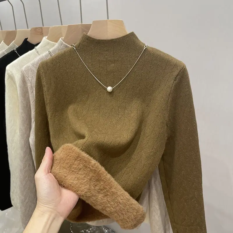 Fleece Sweaters Undershirt Women's Autumn Winter 2024 New Trendy Famale Super Warm Thickened One-piece Velvet Pullovers Tops