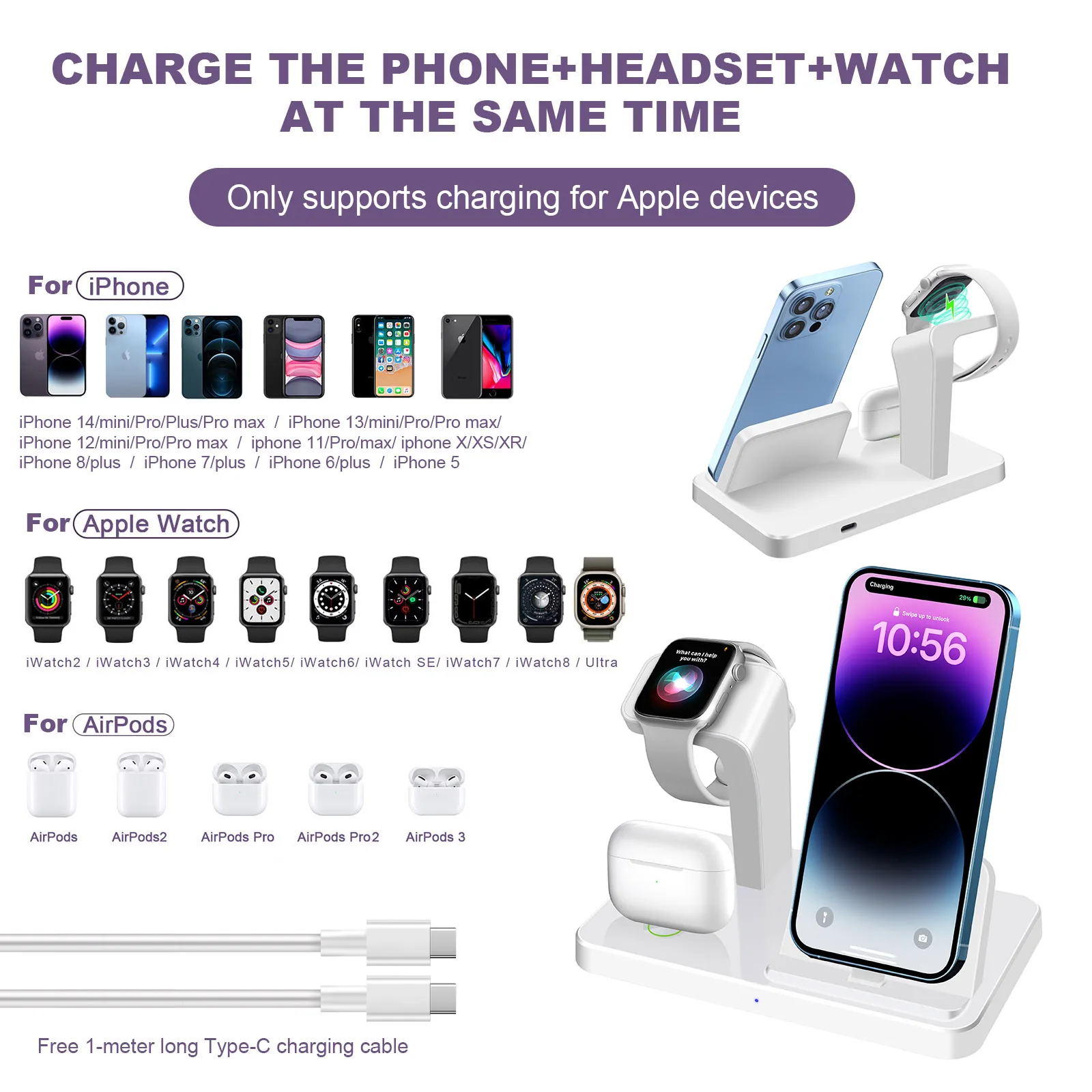 3 in 1 Fast Wireless Chargers Stand For iPhone 7 8 X 11 12 13 14 Pro Charging Dock Station For Airpods Pro Apple Watch 7 Charger