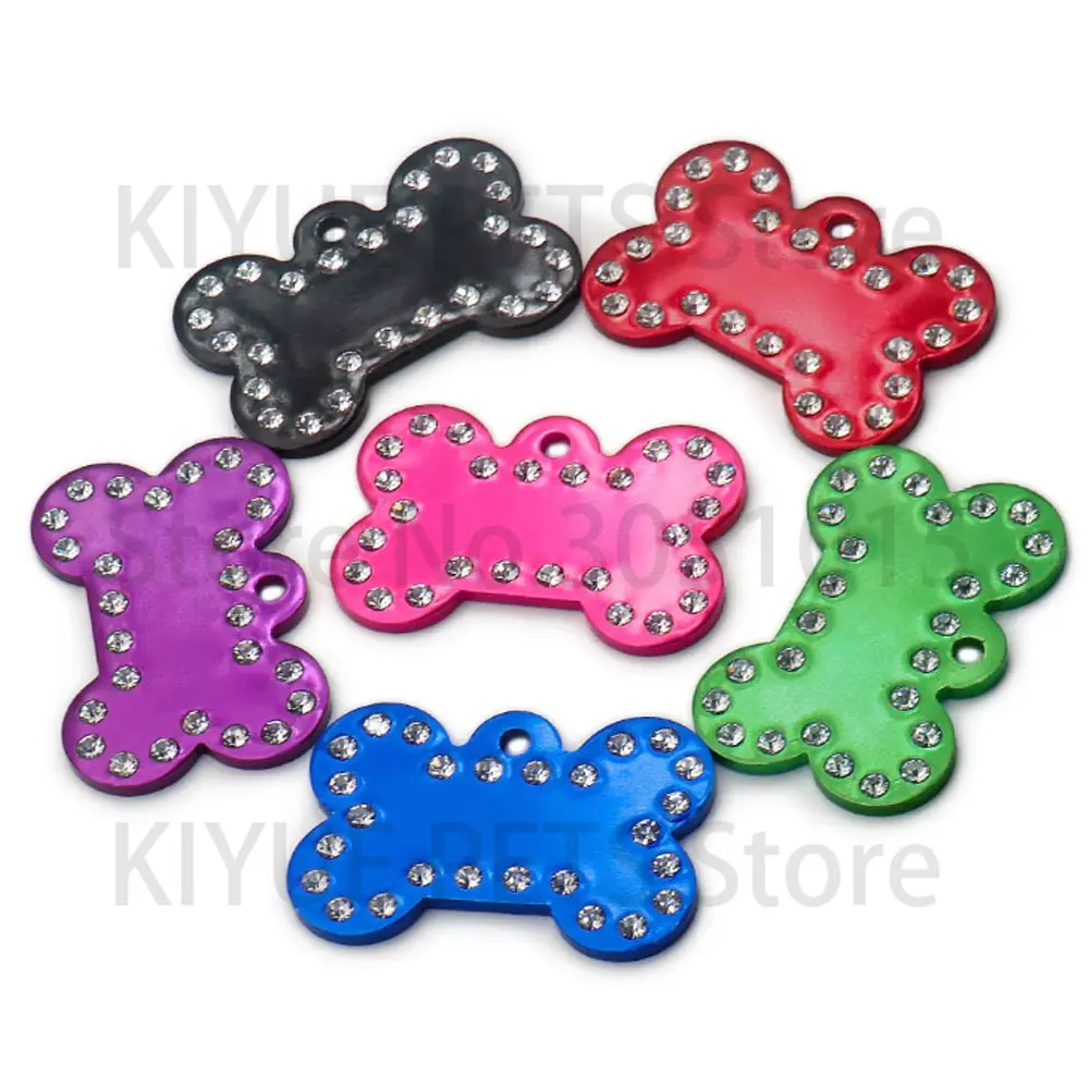 Wholesale 100Pcs Rhinestone Bone Plate Tag Personalized Dog ID Tag Custom Name Dog Collar Pet Accessories Pet Gift Dog Bone Tag