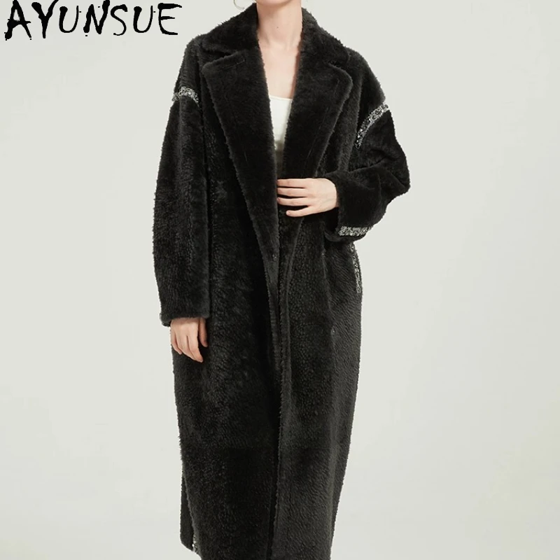 

AYUNSUE пальто из натурального меха, длинное стильное пальто из натурального овчины, женская зимняя одежда, женская куртка из натуральной кожи с принтом 2025