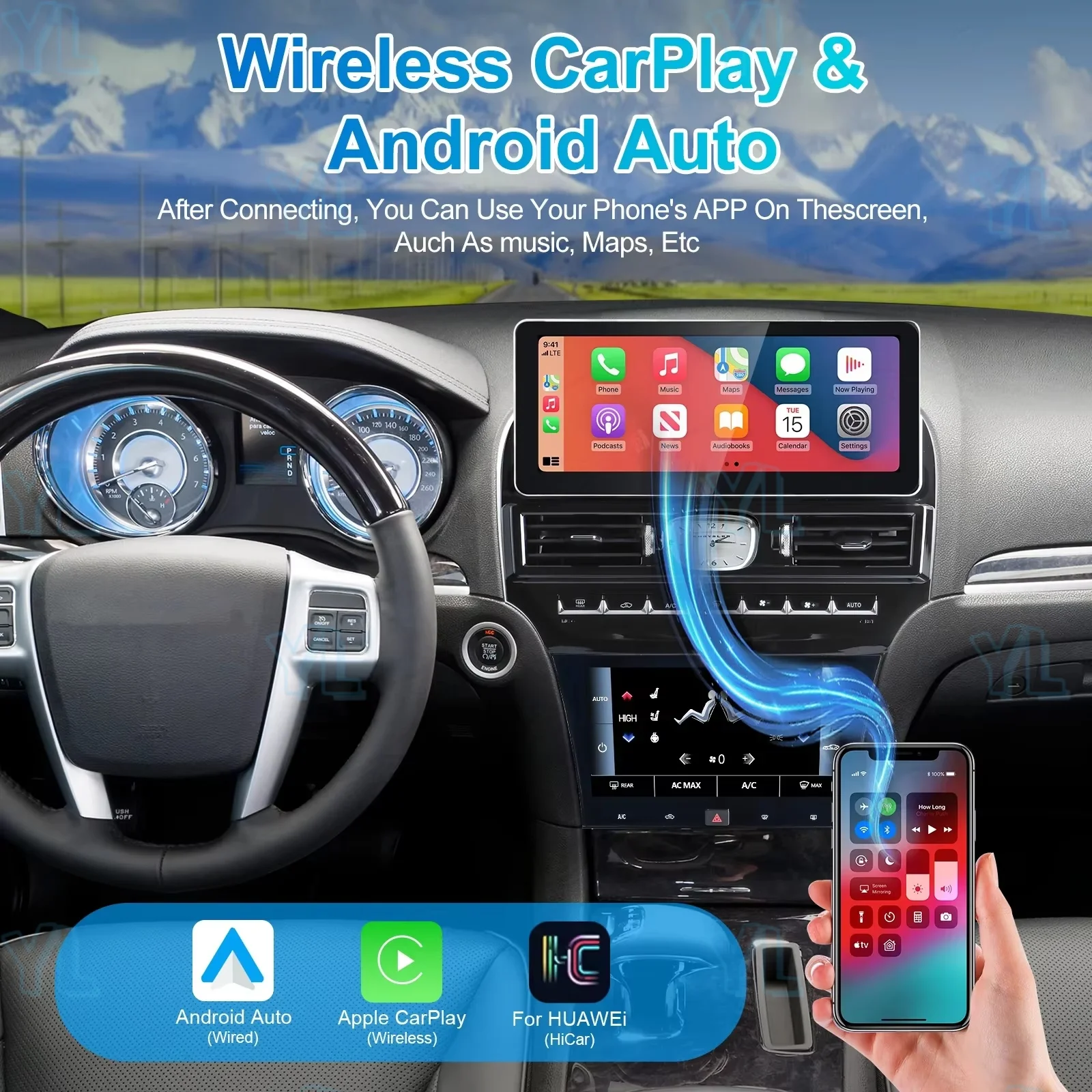 

Android 14 Carplay навигация для Chrysler 300C 2011-2015 двойной 12,3 + 9,66-дюймовый экран автомобильный радиоприемник аудио мультимедийный плеер головное устройство