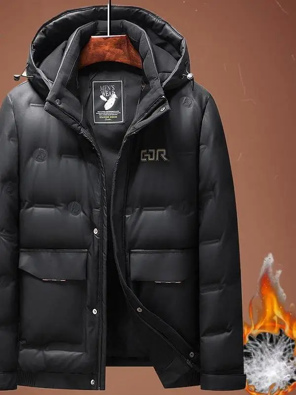 

Зимняя утепленная кожаная куртка-пуховик для мужчин, повседневная, с капюшоном, для среднего возраста, HS999, теплая, для активного отдыха, из полиуретановой ткани, белая, с наполнителем из пуха