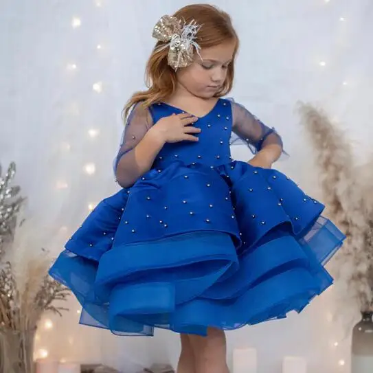 

Child Girl Birthday Dress Pearls Royal Blue Party Dresses Tiered Organza Long Sleeves Puffy Flower Girl Dresses For Weddings