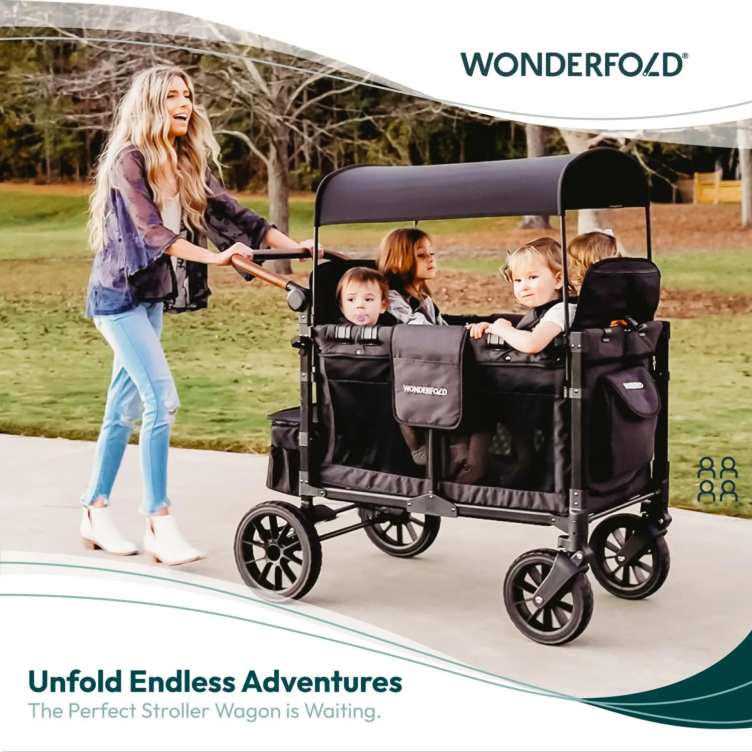 WONDERFOLD W4 Luxe Kinderwagen (4 Sitzer) – Zusammenklappbarer Kinderwagen mit Sitzplätzen mit Magnetschnalle, 5-Punkt-Geschirre und