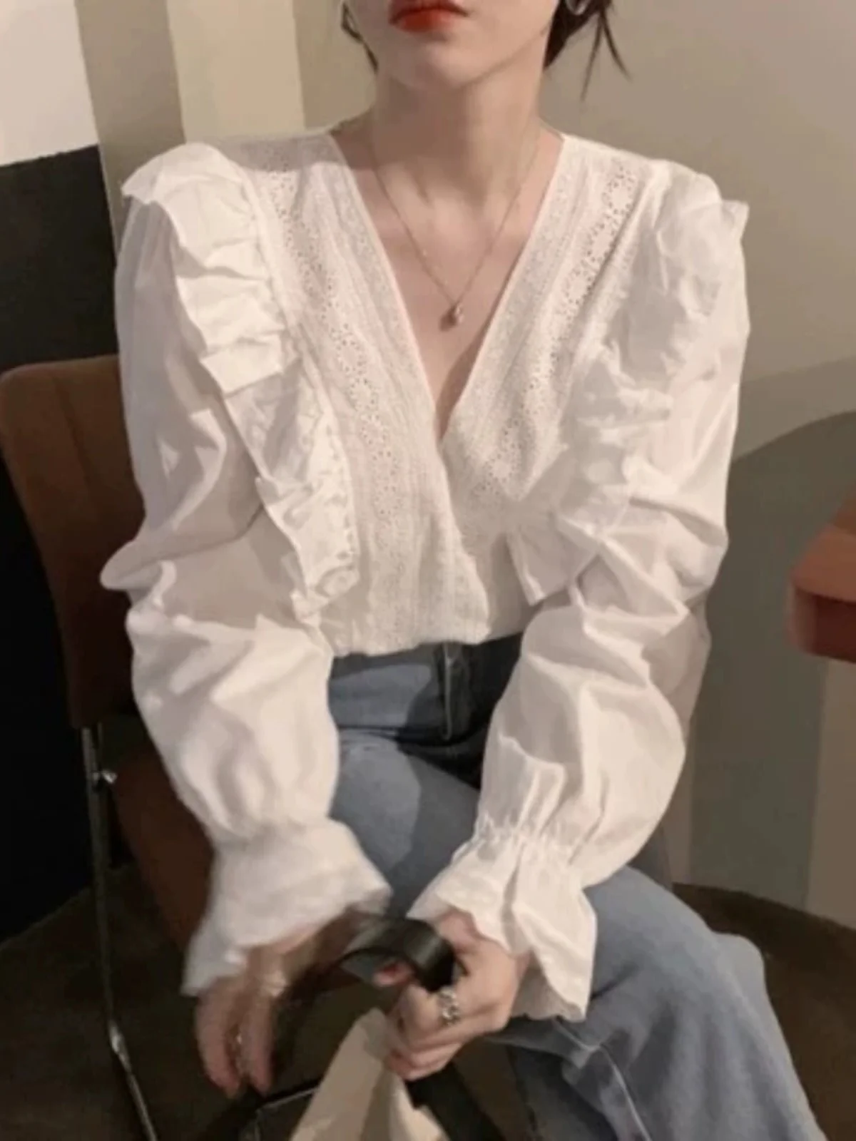 

Chic White Long Sve V-Ne Women's irt Spring Autumn Loose Design Sensation Gauze Commute Sle Pure Color Faion