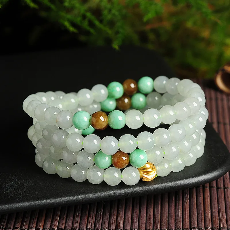 Factory Direct Sales Natural Myanmar a Goods Ice Glutinous Three-Color Jade Necklace for Women