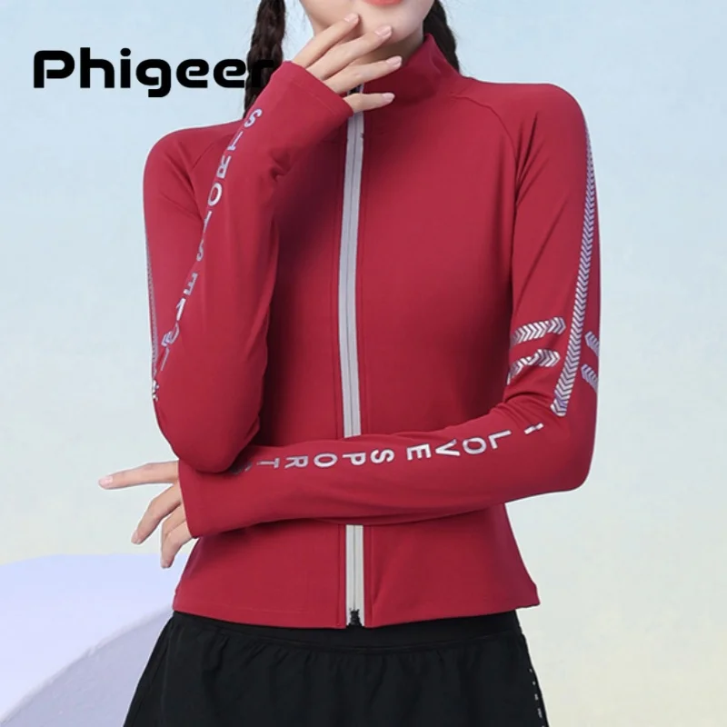 

PHIGEER Легкая быстросохнущая куртка для бега женская облегающая рубашка на молнии с длинными рукавами для тренировок спортивная рубашка для йоги с отверстием для большого пальца