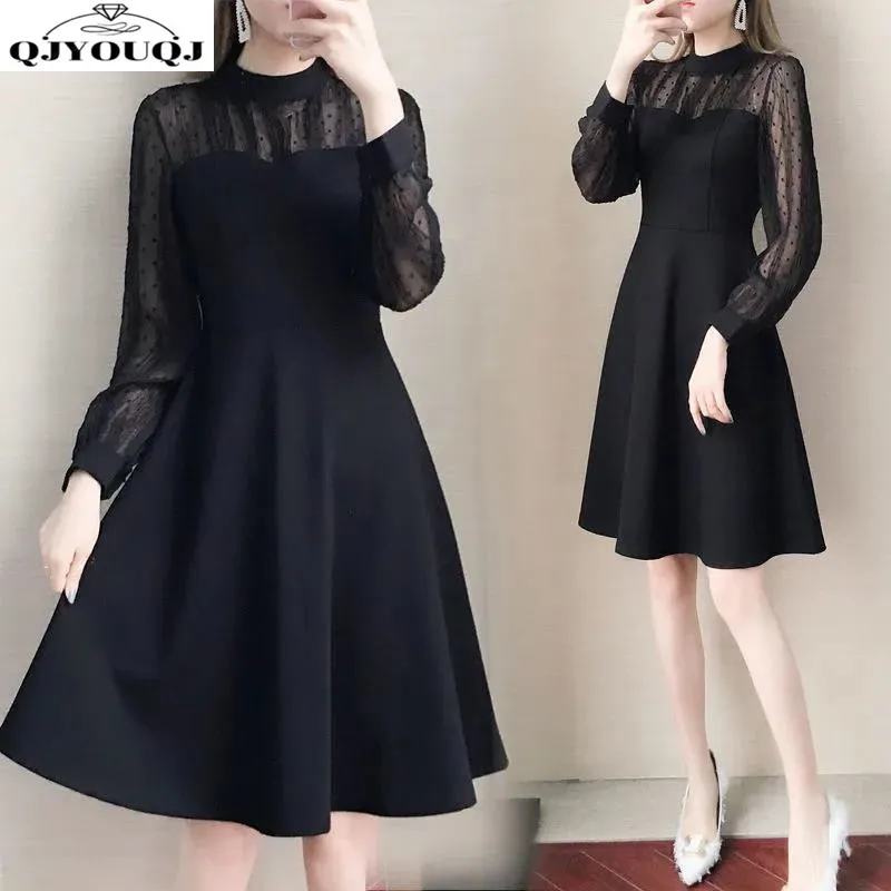 New Black Flocked Dot Mesh Patchwork Dress for Spring and Autumn Seasons, Slimming Down and Reducing Age in Mid Length Skirts