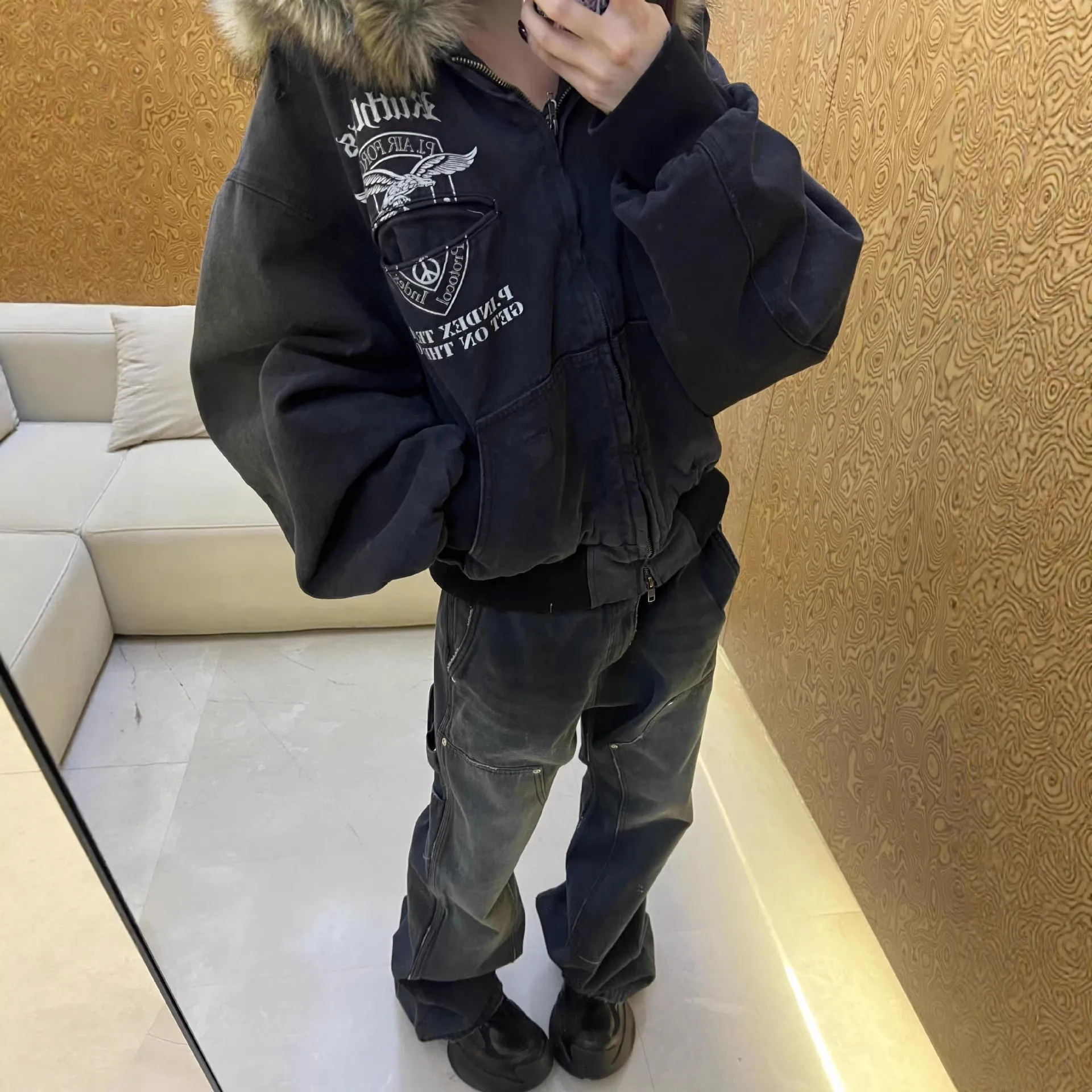 Grailz detachable fur collar gradient washed vintage letter print retro jacket coat for men and women Project G/R