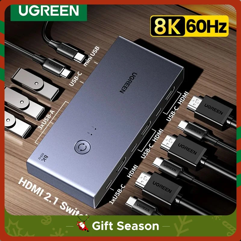 UGREEN HDMI KVM 스위치, USB C USB3.0 KVM 스위처, 모니터, 프린터, 키보드, 마우스 지지대 3D ,HDR 비전 1 개 공유, 8K 60Hz, 2 PC