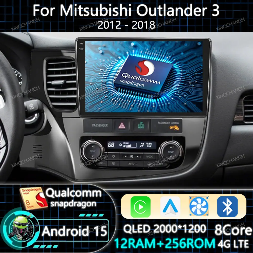 Autoradio Android 15 Carplay Auto 9 pouces pour Mitsubishi Outlander 3 GF0W GG0W 2012 - 2018, unité principale GPS 4G LTE 5G WIFI Qualcomm