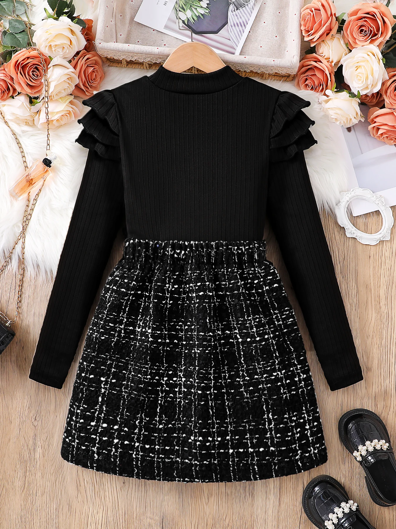 Kids fashion Fall Set 2 piece girls black high neck layered petal sleeve long sleeve top + A-line skirt