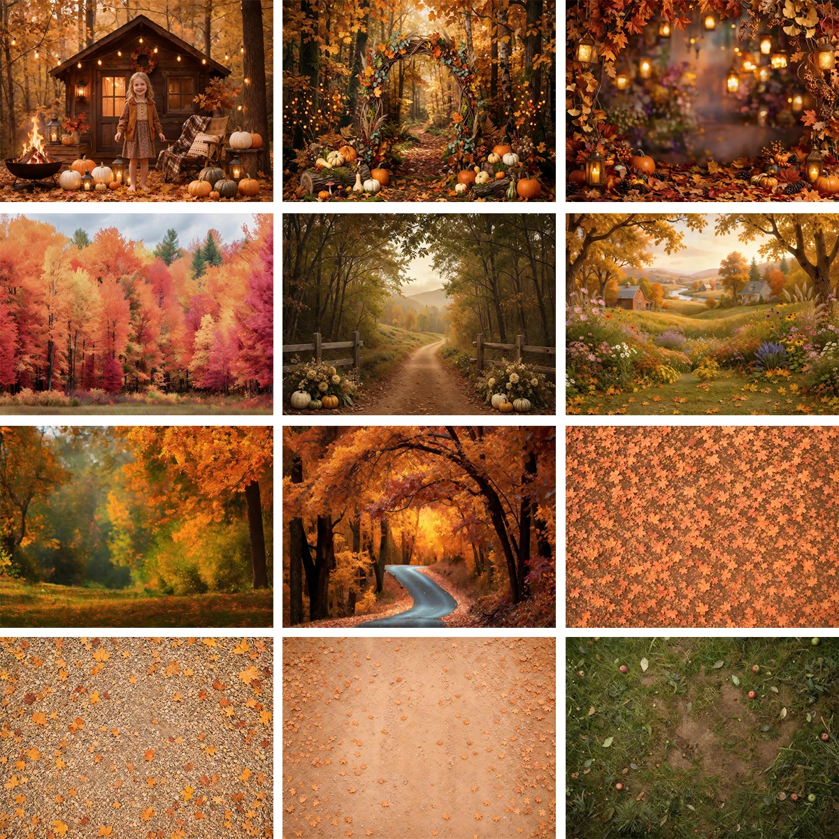 Autumn Fall Maple Leaves Forest Backdrop Warm Golden Nature Scene Thanksgiving Baby Portrait Background Cloth Shoot