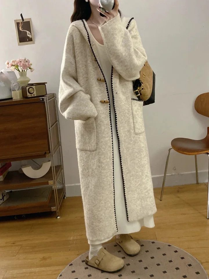 

Женский утепленный длинный вязаный кардиган-пальто с капюшоном в корейском стиле, свободного кроя, с функцией подогрева, на пуговицах из искусственного рога