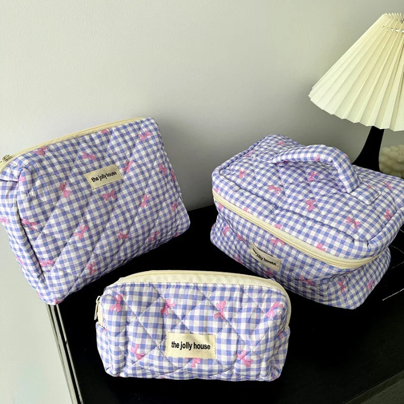 2024 new plaid bow makeup bag high appearance level large capacity portable travel toiletries storage bag women