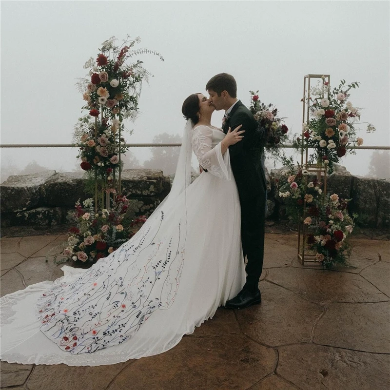 Floral Bridal Wedding Cape Draped Veils For Brides Wild Flowers Secret Garden Cathedral With Comb Royal Blue Flowers Red Leaves