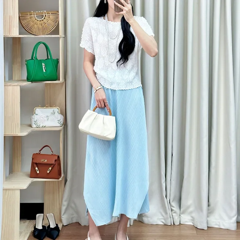 Miyake, Top de manga corta con cuello redondo para mujer + Falda corta informal, conjunto de dos piezas con diseño plegable, novedad de verano 2025, ola