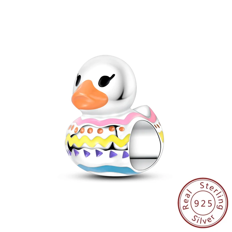 

New 925 Sterling Silver Charms Lucky Painted Little Duck Beads Fit Original Bracelet Or Necklace Fine DIY Jewelry For Woman Gift