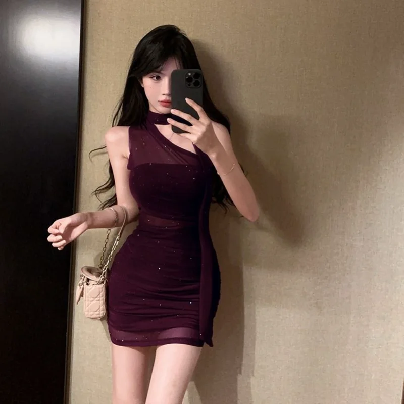 Women's New Style Stitching Fashionable Simple Hip-hugging Elegant Design Halterneck Dress