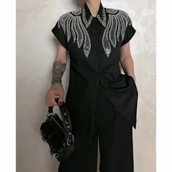 Luxury Style Y2k Beaded Sequined Black Shirts Blouses Women Short Sleeve Mid-Length Loose Casual Cool Shirt Femme Tops Blusas