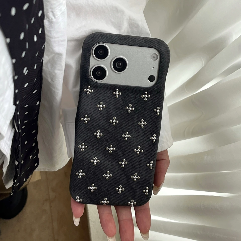 Retro Trendy Cool Blue Black Denim Texture Rivet  Small Flower Shock Proof Phone Cover Case for iPhone 17 16 15 14 Pro Max, image 3