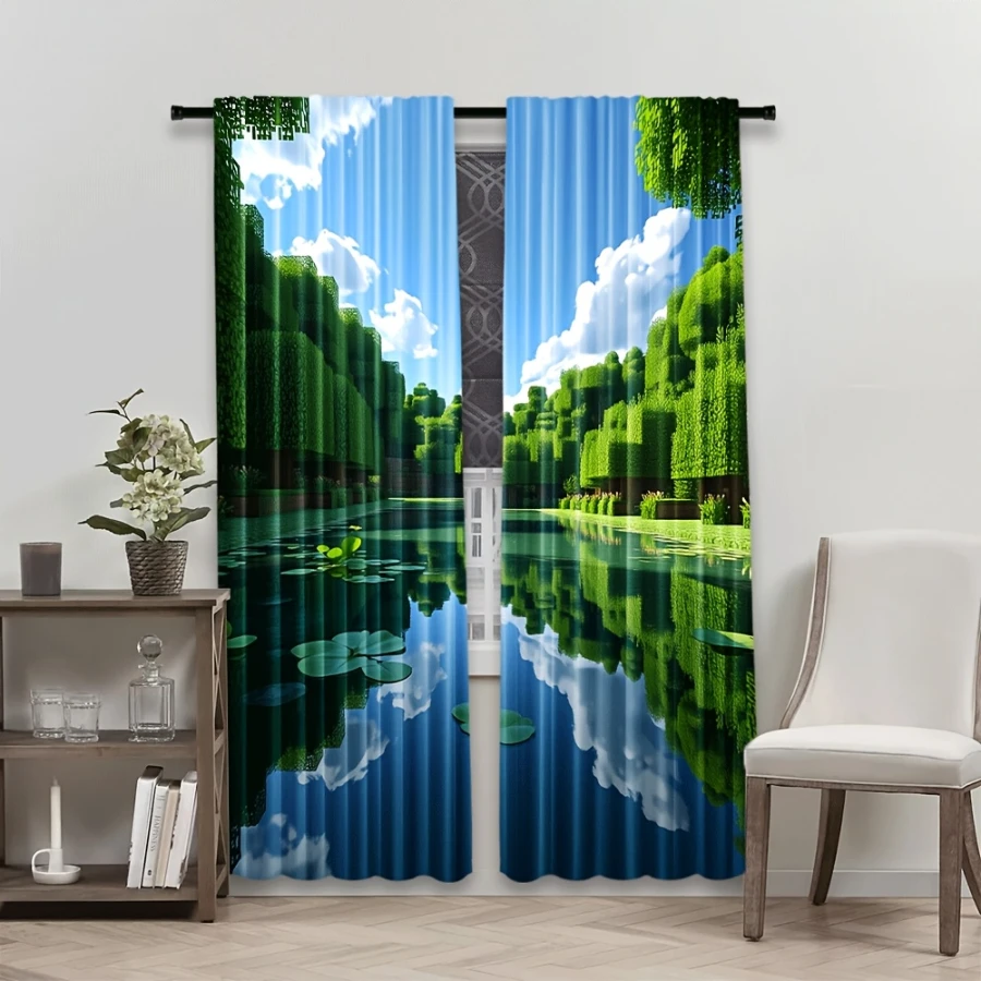 2PCS Digital Print Curtain, Pixel Art Green Forest Landscape Pattern, Gaming Style Scenery for Living Room Bedroom Home Decor