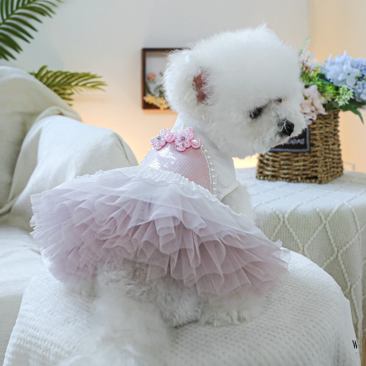 1PC Pet Clothing Spring and Autumn Pink Blossoming Buckle Wedding Dress Princess Dress Suitable for Small and Medium sized Dogs