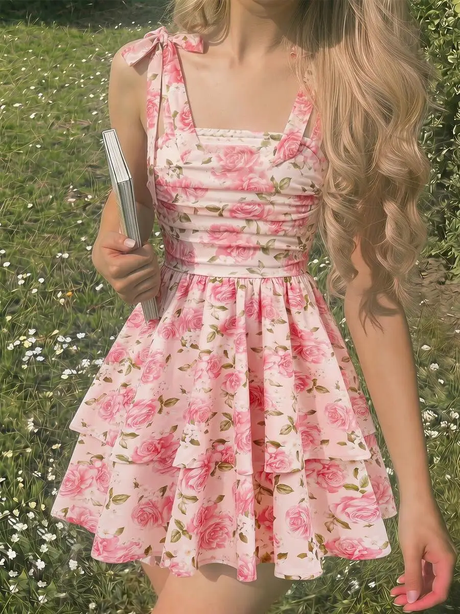 

Pink Floral Ruched A-Line Layered Dress With Bow Spaghetti Strap Summer Vacation Outfit