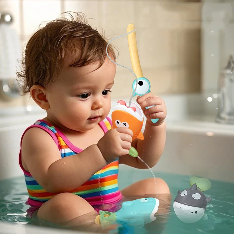 Magnetic Fishing Toy Cartoon Fishing Bath Game Floating Water Toy Shark Bathroom Toy  Summer Pool Bathtub Toys for 18months Baby