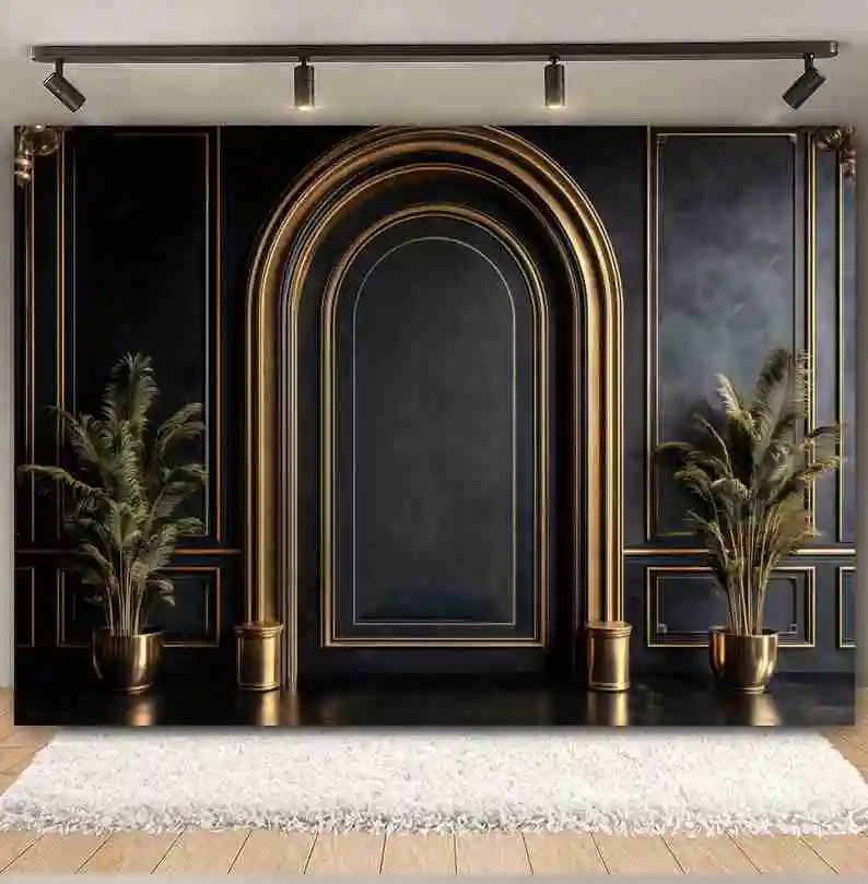 الذهب الأسود الفاخرة أوروبا جدار التصوير خلفية قوس الباب الإطار اناء للزهور الكبار عيد ميلاد الزفاف صورة خلفية الصورة