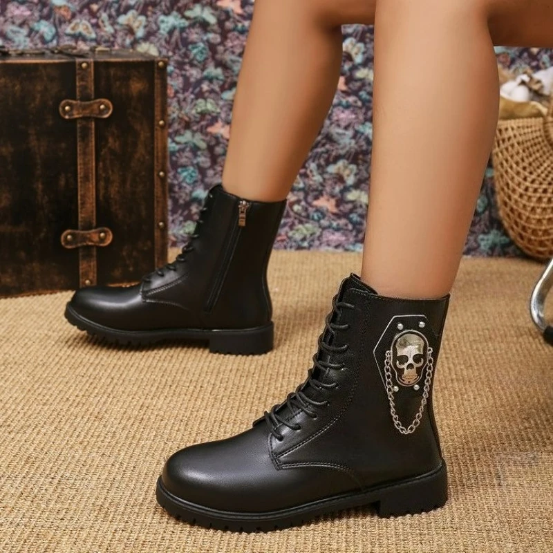 

Black PU Leather Ankle Boots for Women Fashion Chain Decor Motorcycle Platform Boots Woman Autumn Winter Zip Lace Up Botas Mujer