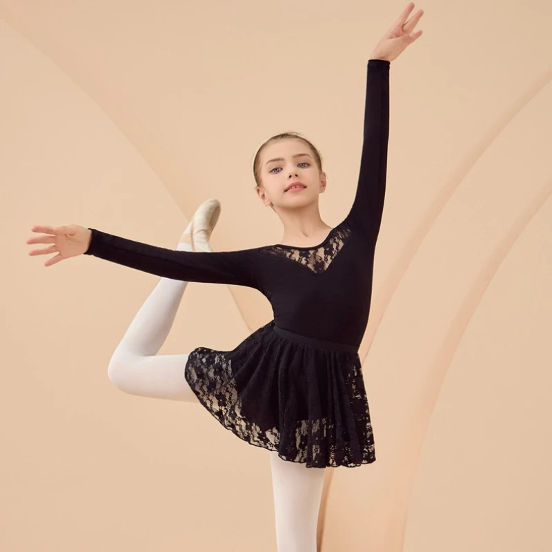 

Детский балетный костюм для девочек: черное кружевное трико и юбка-пачка для выступлений, экзаменов и тренировок