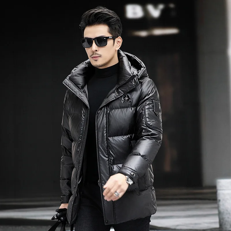 

Men's Winter Hooded down Jaet Thiened Casual Bright Surface Warm Outerwear Faionable Retro Sle Ci Leisure Coat