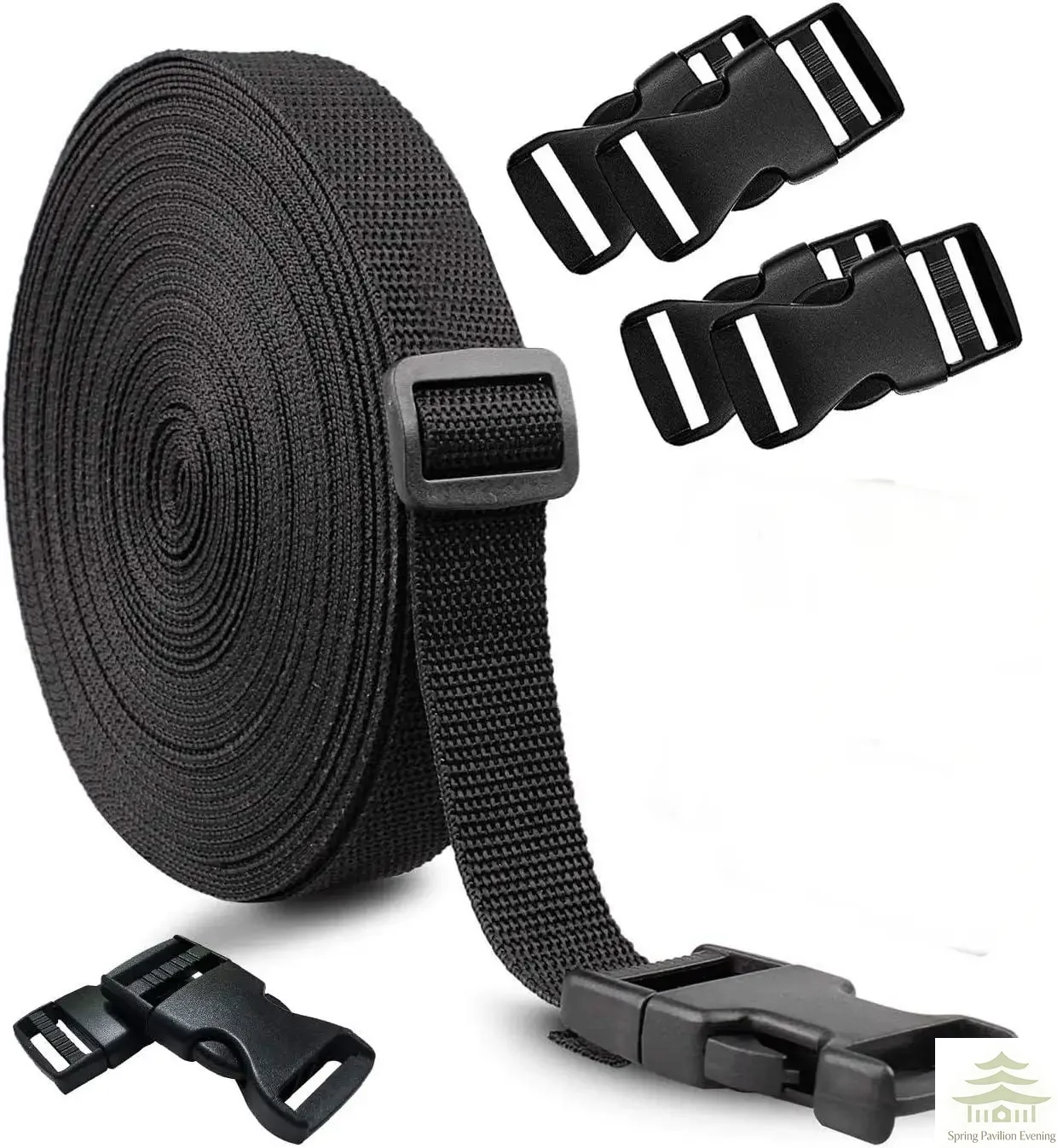 4 M Nylon Webbing Strap Band with 5 pcs of Flat Side Release Buckles and 1Tri-Glide Slides for DIY Luggage Strap and Backpack